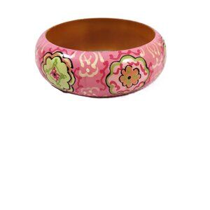 Vintage Bangle Bracelet Wide Pink Green Floral Wood Bracelet